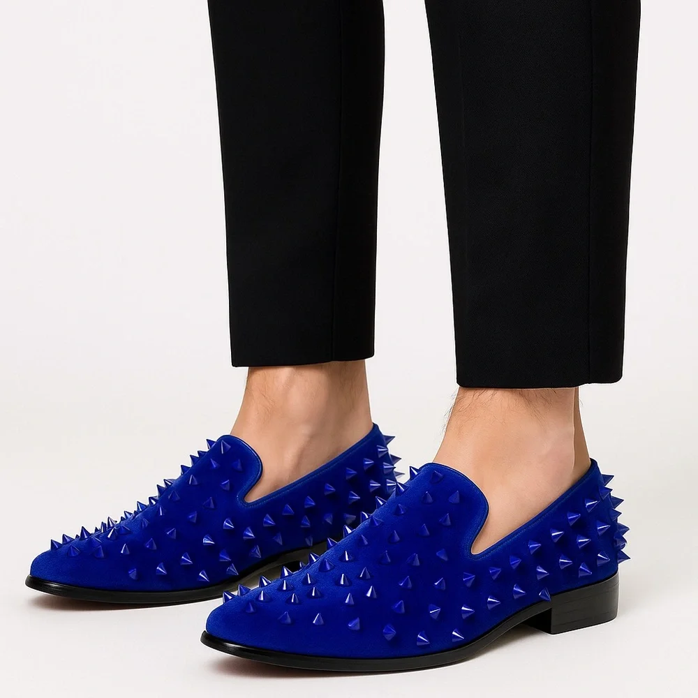 New MetroCharm Men’s Blue Velvet Spike Loafers Dress Tuxedo Shoes Size 10.5